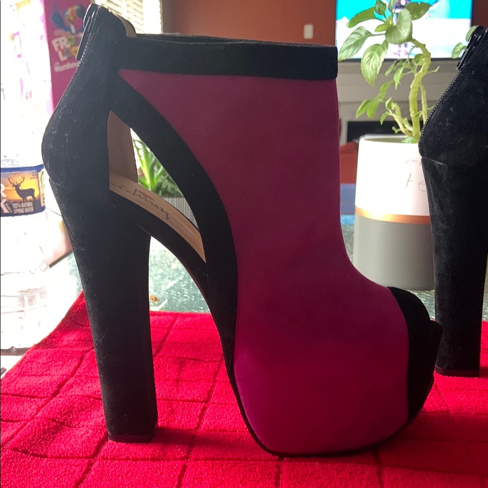 Luichiny Pink and Black Heeled Boots with Peep-Toe